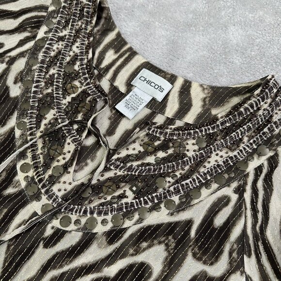 Chico's Women's Animal Print Silk Blend Beaded Sheer Tunic Size 1 Medium Brown - Picture 5 of 10
